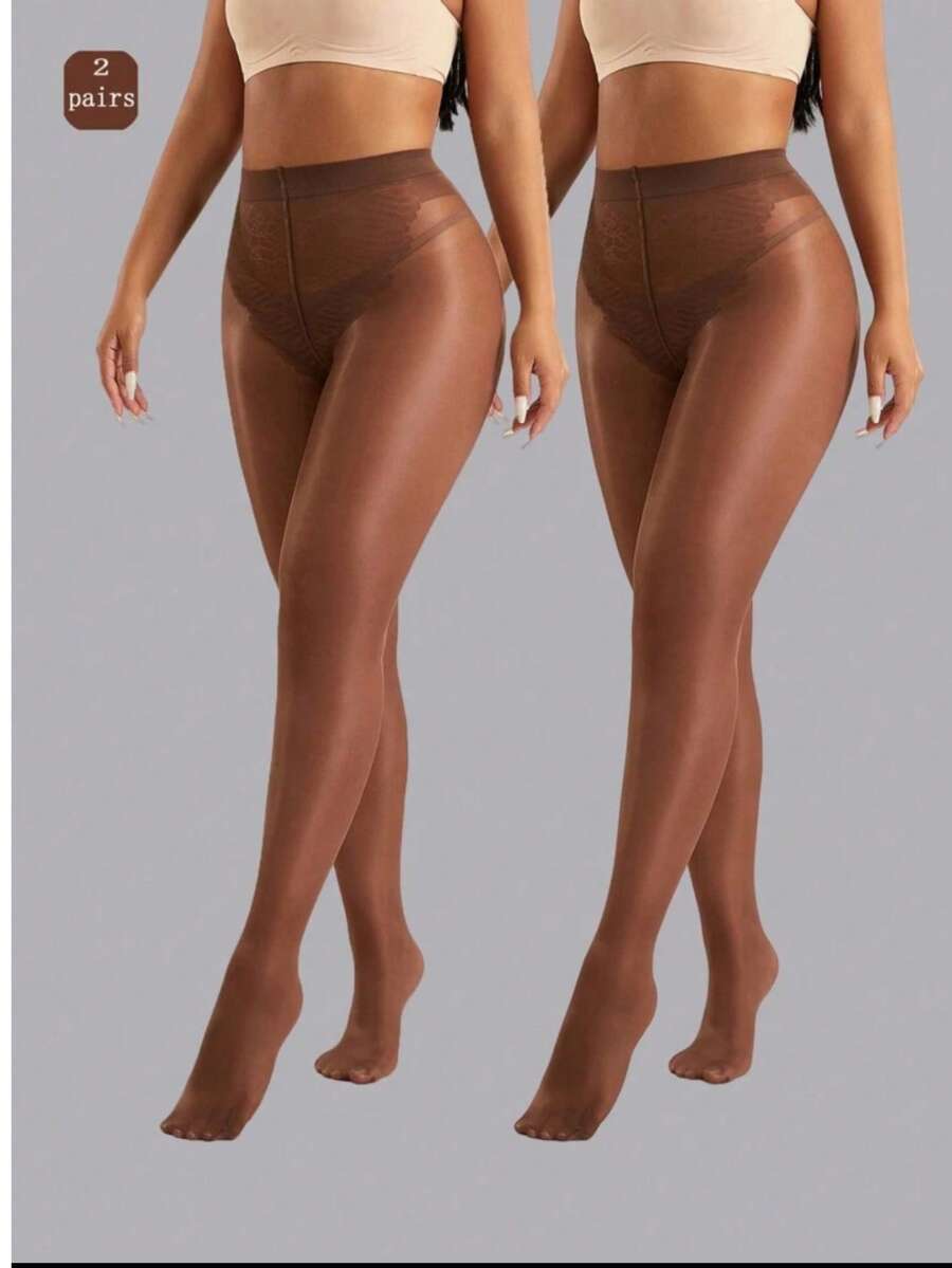 2双装女士性感丝袜，时尚简约连裤袜 - 咖啡棕 - 查看 1