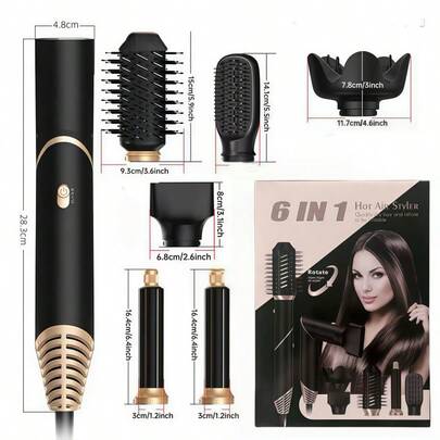 六合一可折叠热风梳吹风机、直发器、折叠造型梳、便携式专业吹风机、卷发棒、直发器