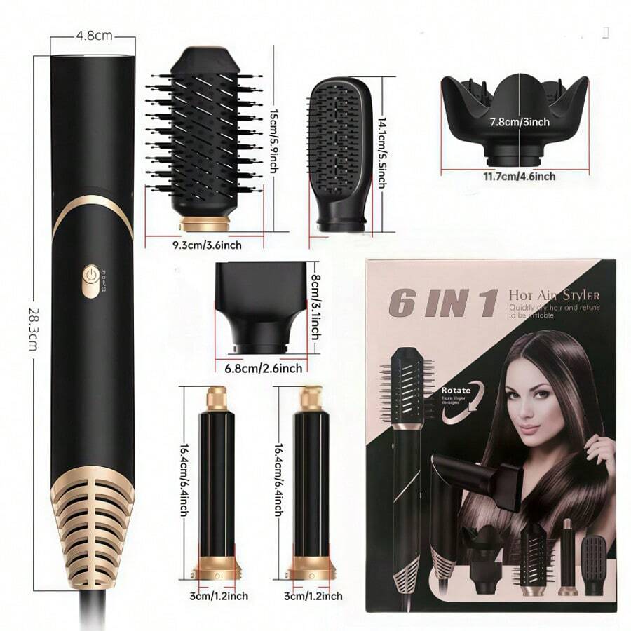 六合一可折叠热风梳吹风机、直发器、折叠造型梳、便携式专业吹风机、卷发棒、直发器
