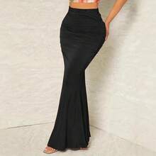 Women High Waist Elastic Pleated Fishtail Skirt Autumn Winter Slimming European American Style Skirt For Daily Casual Party Wear  Fashionable Skirt - 卡其色 - 查看 3