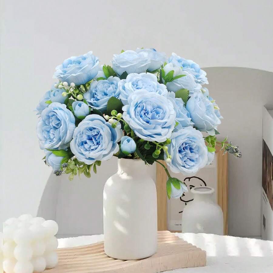 1/3 Bunch Artificial Light Blue Mixed Peony Flowers - Lifelike Faux Flowers With Realistic Petals And Stems, Suitable For Wedding Decor, Bridal Bouquet, Classroom Decoration, Home Vase Arrangement, Garden Party, Birthday Celebration, Valentine's Day And Graduation Gift - Baby Blue - View 1