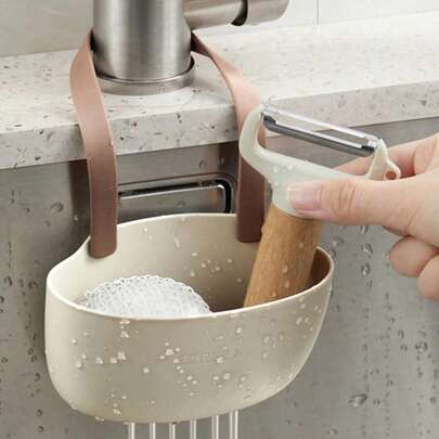 No Drilling Sink Faucet Hanging Basket, Suitable For Sink, Kitchen Sink Rack, Soap Sponge Drain Rack, Hanging Sink Strainer, Sponge Rack, Drain Basket, Kitchen Sink Storage Basket, Kitchen Storage Basket, Bathroom Storage Bag, Sink Accessories, Bathroom Decor Accessories, Kitchen Gadgets, Room Decor, Gift For Her, Gift For Mom, Back To School Supplies