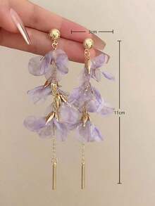 1 Pair Gauze Flower Metal Pendant Long Dangle Earrings, Casual Resort Fashion Beach Party Earrings For Women - 紫色 - 查看 4