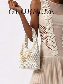 GLOBELLE 波西米亚风沙滩包 - 手工编织网状手提包，饰有金色贝壳海星吊坠，适合夏季、泳池边和海滨度假的针织钱包 - 白色 - 查看 4