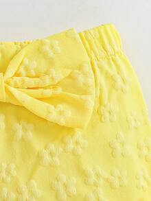 Cute Girl's Fashion Asymmetric Shoulder Floral Decor Top, Paired With Bow Tie & Elastic Waist Shorts Set, Suitable For Summer & Autumn, Baby Clothing, Girls Summer Outfit - Yellow - View 9