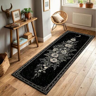 Alfombra pasillo estilo gótico con rosa negra y luna, alfombra floral celestial para pasillo, decoración botánica vintage con estrellas, felpudo de entrada y cocina antideslizante, alfombra de arte abstracto moderno de 60*18 pulgadas/48*16 pulgadas, opción perfecta como regalo, alfombras elegantes y de alta calidad, perfectas para decoración y regalos, la mejor opción para regalos de cumpleaños con estilo gótico