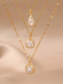 3pcs 18K Gold Plated Copper Cubic Zirconia Water Drop/Square/Round Pendant Necklace Set, Minimalist Design Suitable For Girl's Party And Daily Wear - Multicolor - View 5