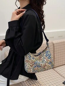 花卉图案休闲时尚单肩斜挎包，百搭日式学生休闲极简饺子包 - 天藍色 - 查看 9