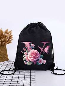 1pc Summer New Floral & Letter Outdoor Sports Bag, Football Backpack, Basketball Backpack, Boys & Girls Sports Bag, Hiking Backpack, Large Capacity Lightweight Drawstring Bag - Black - View 16