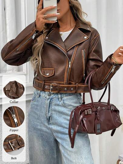 Women Faux Leather Jackets Bomber Cropped Motorcycle Fall Jackets Zip Up Coats Y2k Outfits