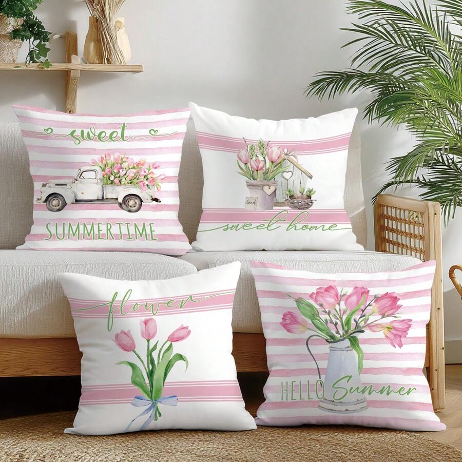 Bộ 4 vỏ gối trang trí Simple Daily Pink Tulip "Sweet Home", in một mặt trên chất liệu nhung màu đào, kích thước 45*45CM/18*18inch, phù hợp với trang trí phòng khách theo phong cách tối giản hiện đại, làm quà tặng hoặc trang trí tiệc. - Nhiều màu - Xem 1