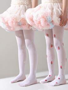 1 Pair Summer Lightweight Heart-Shaped Cherry Bow Pattern White Children's Pantyhose, Breathable Quick-Drying Anti-Mosquito Princess Socks, Suitable For Holiday Gifts And Daily Use - Multicolor - View 2
