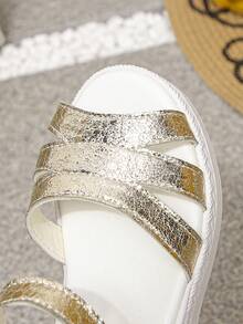 1 Pair Girls' Roman Style Platform Sandals, PU Material With Metal Strap Design, Suitable For Daily Wear In Summer - Gold - View 6