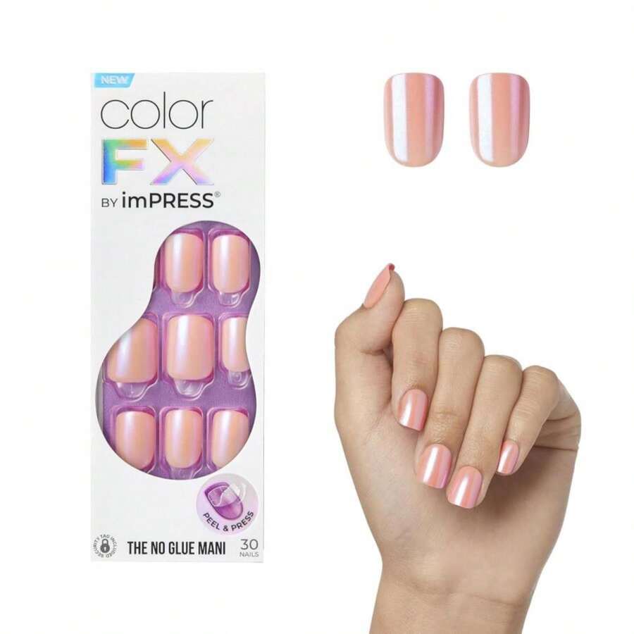 KISS ImPRESS No Glue Mani Press On Nails, Color FX, 'Satellite', Light Pink, Short Size, Squoval Shape, Includes 30 Nails, Prep Pad, Instructions Sheet, 1 Manicure Stick, 1 Mini File - Màu sắcG - Xem 1