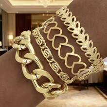 Heart Leaf Dual Chain Bracelet Set, Gift For Women - Yellow Gold - View 6