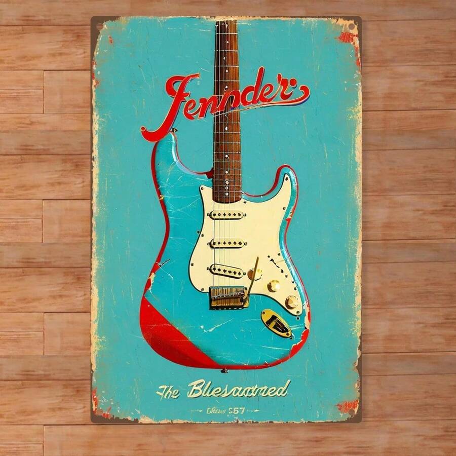 Hello Young Retro Fender Blues Inspired Metal Wall Art Guitar Poster - Durable Iron Indoor Outdoor Home Decor For Music Room, Studio, Man Ca - 彩色 - 查看 1