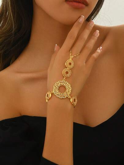 1pc Vintage Luxury Floral & Geometric Full Finger Ring Bracelet, Suitable For Women's Party, Banquet, Festival Accessories