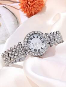 2pcs Elegant Luxury Women's Quartz Watch Set, Ladies' Elegant Shining Rhinestone Heart Jewelry Set (Including Silver Watch With Rhinestones, White Dial With Roman Numeral Quartz Watch, And Heart Rhinestone Bracelet). - Silver - View 7