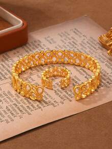 2pcs 24K Gold Plated Hollow Double-Ring Bracelet And Ring Set, Middle Eastern Saudi Arabia Ramadan Style, 3D Geometric Texture + Intricate Woven Design, Vintage Luxury Party Accessories - Yellow Gold - View 3