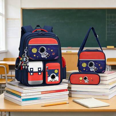 2026 Nueva mochila ligera y duradera con múltiples bolsillos, adecuada para viajes y regalos de regreso a la escuela, esencial para adolescentes - Serie Astronauta Espacial Set de 3 en 1 que incluye bolso de mano y estuche de lápices, mochila de nailon duradera en azul, verde, rojo, rosa, regalo perfecto para niños para el nuevo año escolar