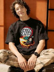 New 2026 With Demon Tanjiro Fire God Kagura Graphic T-Shirt, Anime Style, 100% Cotton, Men's, Men's T-Shirt, Animation Costume, Men's Holiday Wear, Tops, Shirt, Versatile, Undershirt Or Outerwear, Men's Fashion Streetwear, For Comic-Con Visits And Fandom Meetings, Gifts For Men - 黑色 - 查看 3