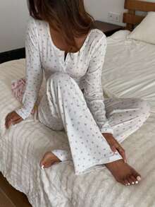 2pcs Women Ditsy Floral Round Neck Long Sleeve Top + Elastic Waist Pants Cute Pajama Set - White - View 6