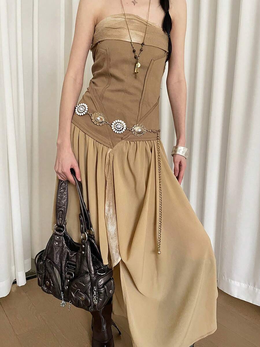 1pc Women's Gold-Tone Alloy Boho Style Flower Inlaid Waist Chain - Gold - View 1