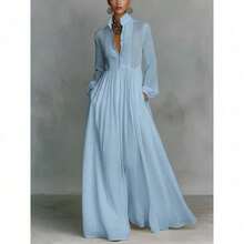 French Waist And Thin Long-Sleeved Pleated Dress Temperament Elegant Retro Casual Vacation Style - 藍色 - 查看 3