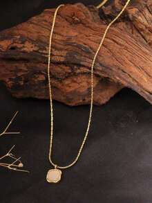 1pc 18K Gold Plated Stainless Steel Square Cat Eye Stone & Zirconia Pendant Necklace, Wavy Edge Asymmetric Design, Suitable For Women's Daily Wear - 金子 - 查看 2