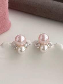 1 Pair French Style Crystal & Faux Pearl Stud Earrings, Versatile Fashion Earrings For Girls - Pink - View 4