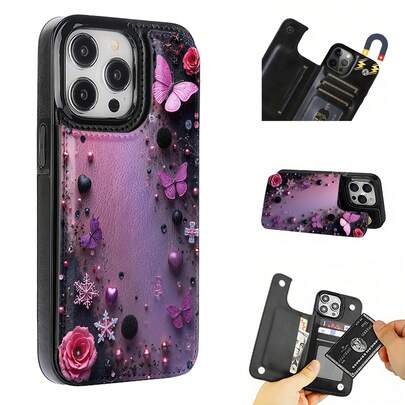 Beautiful Magic Butterfly Pattern Imitation Leather Magnetic Mobile Phone Case, Compatible With IPhone 17 Pro Max/17 Air/16 Pro/15/14 Plus/13 And 12, Compatible With S25 Ultra/S25/S24 Ultra/S23 Ultra/S22 Ultra, You Can Insert Credit Card Room Card