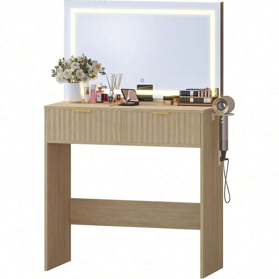 Escritorio de vanidad acanalado con espejo LED iluminado 3 colores 2 cajones toma de corriente puertos USB secador de pelo vestidor madera ligera moderna dormitorio niñas mujeres roble natural alta capacidad multifunción enchufe de pared diseño elegante - Roble natural - Ver 1