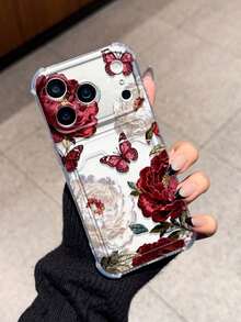 Flower Peony Embroidery Shockproof Phone Case With Card Slot, Compatible With Apple 17/16/14 Pro Max, High-End New Model 13, 15, Ins Style 12/12 Pro, 11, 15 Pro Max, 16 - Clear - View 3