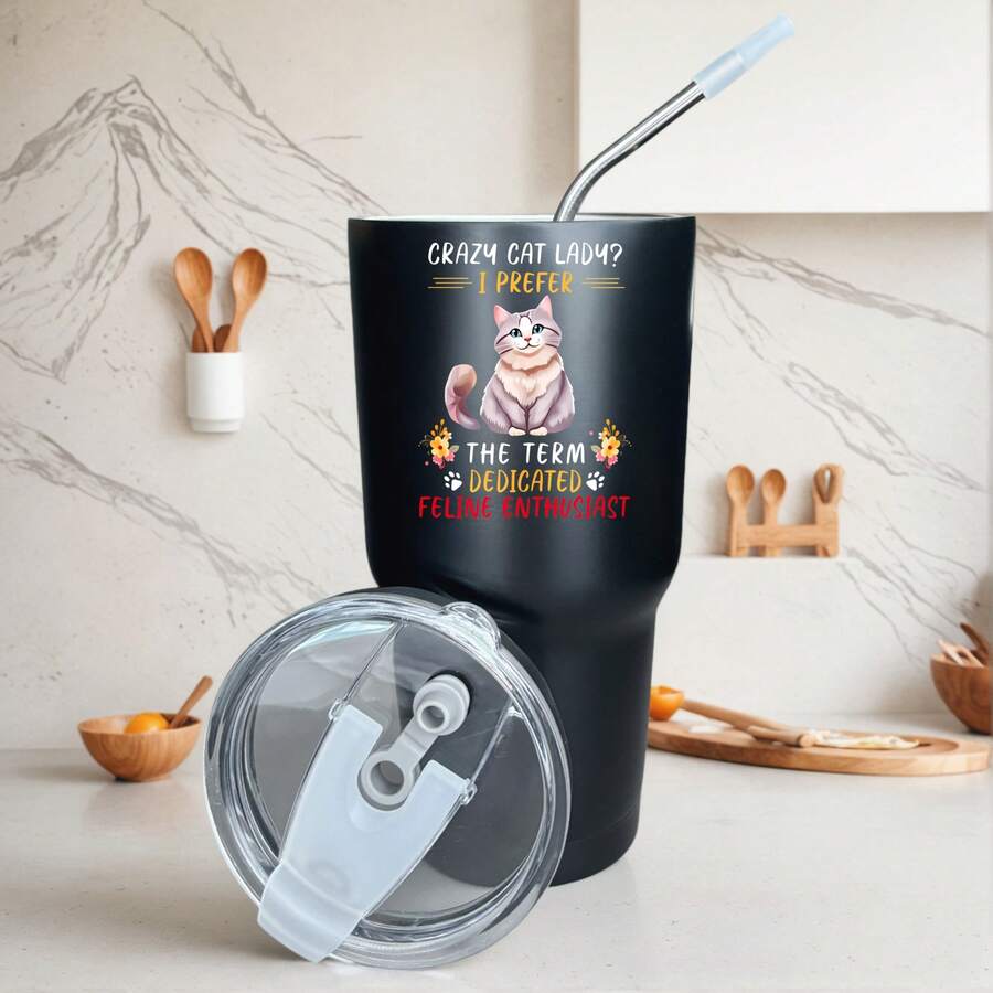 30oz Stainless Steel Tumbler Black White Options, Crazy Lady I Prefer Dedicated Feline Enthusiast Graphic Cups, Insulated Travel Coffee Mug With Lid And Straw , Double Wall Vacuum Reusable Travel Cups, Funny Birthday Party Gift For Women & Men - 黑色 - 查看 1