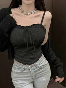 蘑菇蕾丝边吊带背心，优雅叠穿吊带衫，性感提花露脐背心带胸垫，夏季 - 黑色 - 查看 3