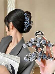 1个亮面锌合金复古风格雾蓝色山茶花发爪夹，高端优雅玫瑰发爪发饰 - 黑色 - 查看 2