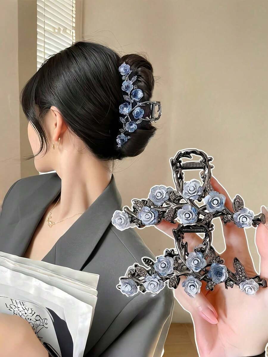 1个亮面锌合金复古风格雾蓝色山茶花发爪夹，高端优雅玫瑰发爪发饰
