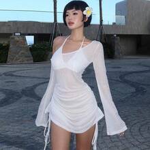 Vestido de mujer para primavera/verano, estilo Pure Desire, con hombros descubiertos, manga larga, sexy, transparente y fruncido. - Rosa - Ver 4