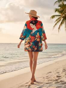 Japanese Style Retro Loose Versatile Fashion Printed Kimono Cover Up, Summer Beach Vacation Bikini Swimsuit Cover Up, Thin Lightweight Kimono Jacket For Sun Protection - Red - View 3