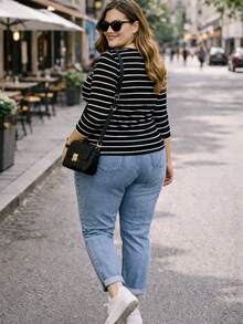Plus Size Striped Black And White Long Sleeve Round Neck Blouse - Basic Casual Chic - Soft, Comfortable Knit With Stretch - Ideal For Urban Looks, Work, Everyday Wear, And Cold Weather - 黑色 - 查看 4