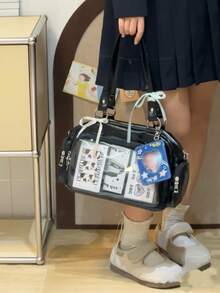 Japanese Harajuku Style Ltabag Large Capacity Cute Bowling Bag With Badge Elements, Multifunctional Handbag, Shoulder Bag, Backpack For Female Students - Black - View 8