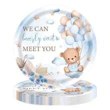 This 50/51-Piece Blue Teddy Bear Disposable Tableware Set Includes 10 Dinner Plates, 10 Dessert Plates, 10 Paper Cups, 20 Napkins, And 1 Tablecloth. This Convenient Tableware Set Is Perfect For Camping, Picnics, Garden BBQs, Baby Showers, Weddings, And Birthday Parties. - Multicolor - View 2