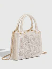 Moonlight White Pearl Embroidered Mini Handbag, Exquisite Floral Embossed Evening Clutch - White - View 3