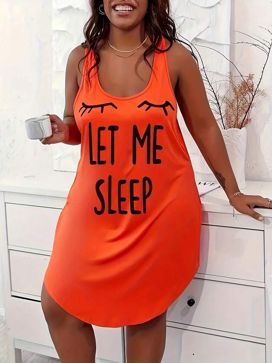 Plus Size Casual Lounge Dress, Women's Plus Eyelash & Letter Print Scoop Neck Racer Back Curve Hem Tank Sleep Dress - 橘色 - 查看 1