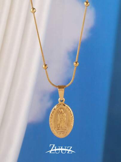 1pc Vintage Stainless Steel Virgin Mary Necklace For Women Oval Shaped Virgin Mary Pendant Beads Chain Choker Necklace Religion Jewelry For Daily Decoration