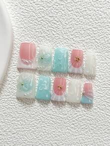 10pcs/Set New Fresh Seaside Style Acrylic Nail Art Kit, Handmade Solid Color Flower Design, Decorated With Small Golden And White Round Rhinestones, Hand-Painted Solid Color Water Wave, Raindrop, White Five-Petal Flower Pattern, Hand-Painted Light Gray Mixed White Shell Texture Pattern, Blue Nail Polish - 彩色 - 查看 14