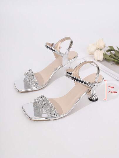Sandalias de tacón alto con tira única y punta cuadrada, con adornos de lentejuelas y rhinestones, elegantes y de moda, apropiadas para primavera/verano