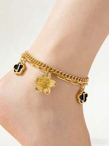 1. 金属立体双层花朵字母吊坠脚链，适合日常海滩派对通勤佩戴（不含礼盒） - 彩色 - 查看 2