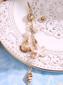 Joyería de piercing de ombligo con perla, estrella de mar y concha con estilo oceánico, adecuada para uso diario, festivales, vacaciones y uso casual - oro - Ver 6