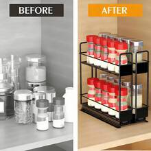 Stozle Heavy-Duty Iron Spice Rack Storage Box, Suitable For Cabinets - 2-Layer Pull-Out Storage Rack With Pull-Out Shelves And Sliding Drawers, Space-Saving Kitchen Storage Organizer, With Label Compartments, For Storing Spices, Spice Jars - Black - View 4
